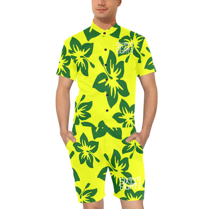 Sixty Eight 93 Logo White Hibiscus Forest Green & Yellow Men's Short Sleeve Jumpsuit
