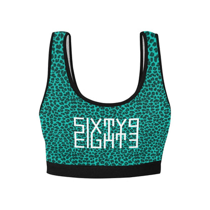 Sixty Eight 93 Logo White Cheetah Aqua Blue Sports Bra