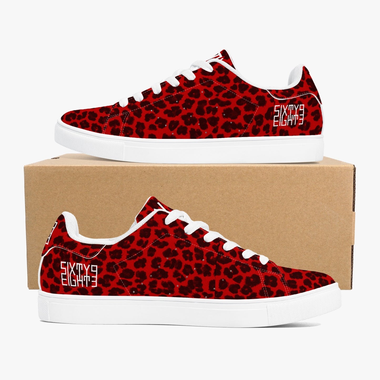Sixty Eight 93 Logo White Cheetah Red Classic Low-Top Leather Shoes