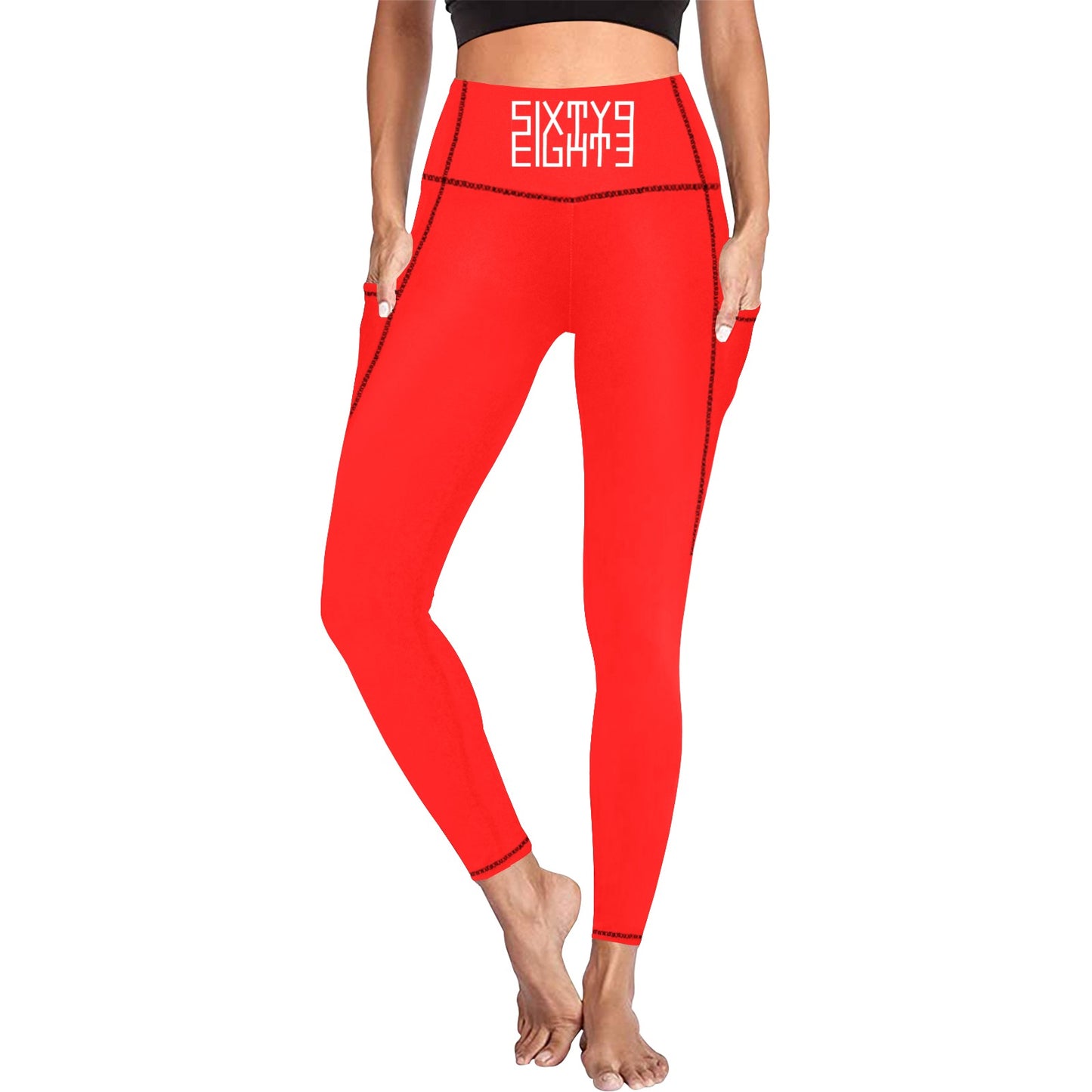 Sixty Eight 93 Logo White Red Waist Leggings with Pockets