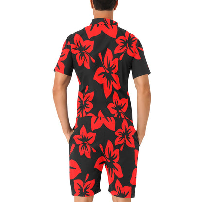 Sixty Eight 93 Logo White Hibiscus Red & Black Men's Short Sleeve Jumpsuit
