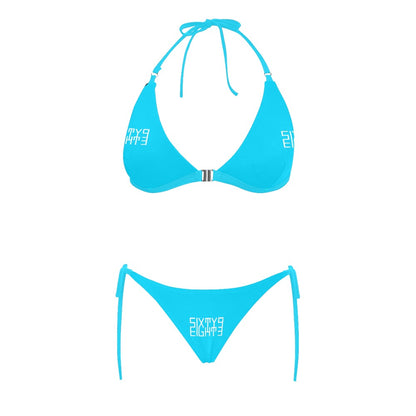Sixty Eight 93 Logo White Aqua Blue Halter Bikini Swimsuit