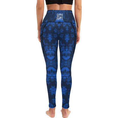 Sixty Eight 93 Logo White Floral Blue & White High Waist Leggings with Pockets