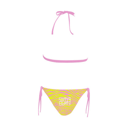 Sixty Eight 93 Logo White Zebra Pink Lemonade Halter Bikini Swimsuit