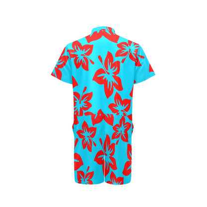 Sixty Eight 93 Logo White Hibiscus Red & Aqua Blue Men's Short Sleeve Jumpsuit