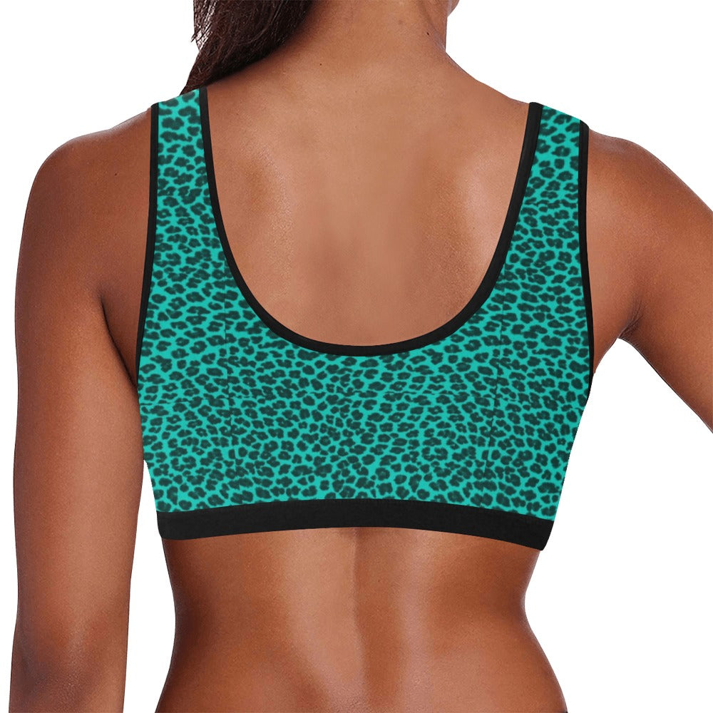 Sixty Eight 93 Logo White Cheetah Aqua Blue Sports Bra