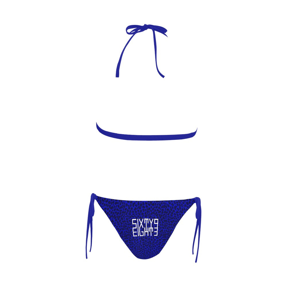 Sixty Eight 93 Logo White Cheetah Blue Halter Bikini Swimsuit
