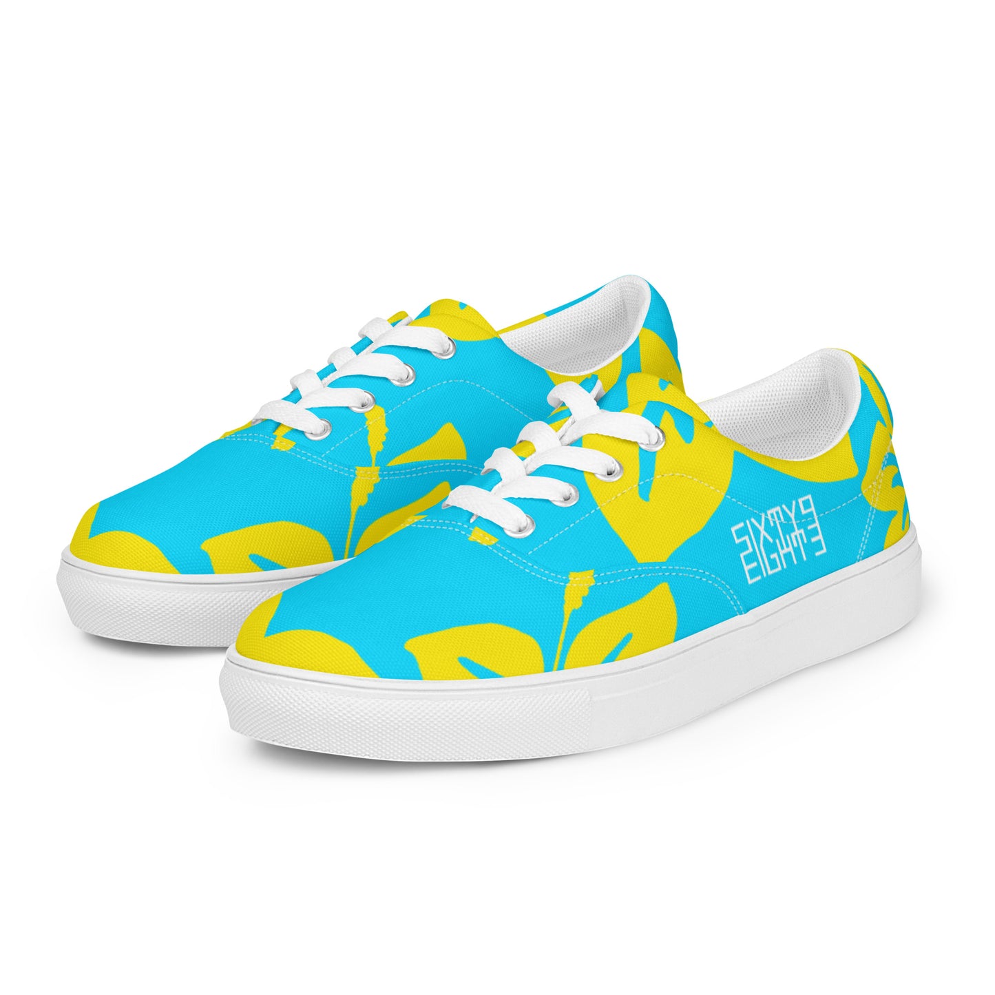 Sixty Eight 93 Logo White Hibiscus Gold & Aqua Blue Men's Low Top Shoes