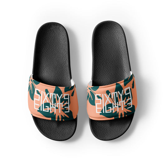 Sixty Eight 93 Logo White Hibiscus Dark Teal Peach Men’s Slides