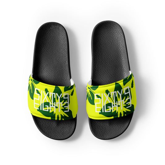 Sixty Eight 93 Logo White Hibiscus Forest Green & Yellow Men’s Slides