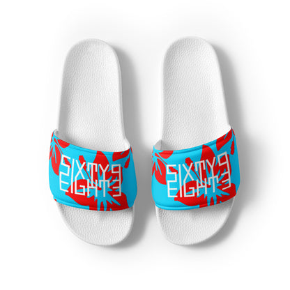 Sixty Eight 93 Logo White Hibiscus Red & Aqua Blue Men's Slides