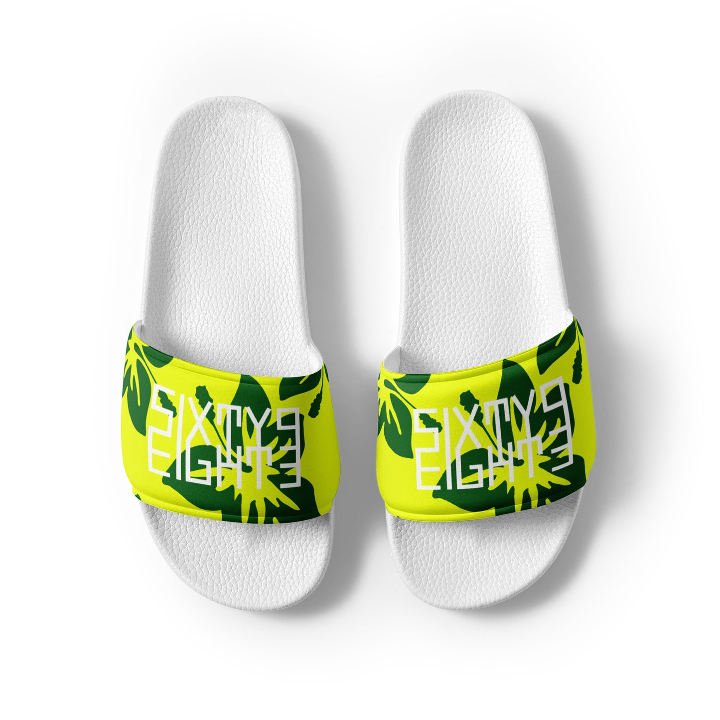 Sixty Eight 93 Logo White Hibiscus Forest Green & Yellow Men’s Slides