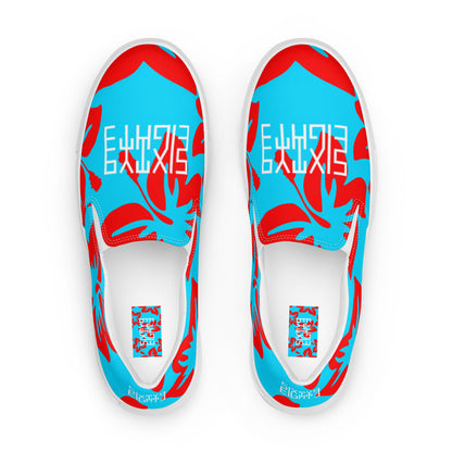 Sixty Eight 93 Logo White Hibiscus Red & Aqua Blue Men's Slip On Shoes