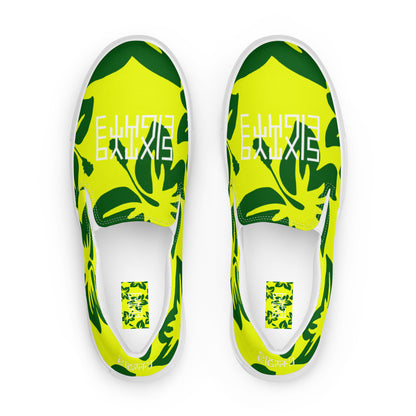 Sixty Eight 93 Logo White Hibiscus Forest Green & Yellow Men's Slip On Shoes
