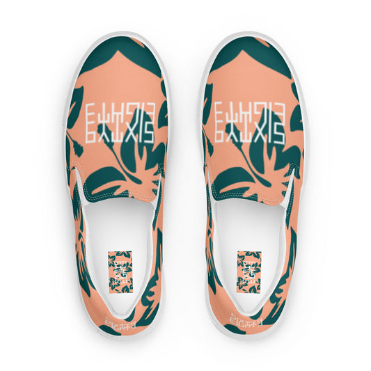 Sixty Eight 93 Logo White Hibiscus Dark Teal Peach Men's Slip On Shoes