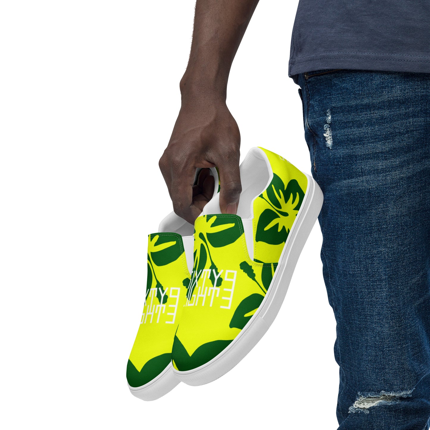Sixty Eight 93 Logo White Hibiscus Forest Green & Yellow Men's Slip On Shoes