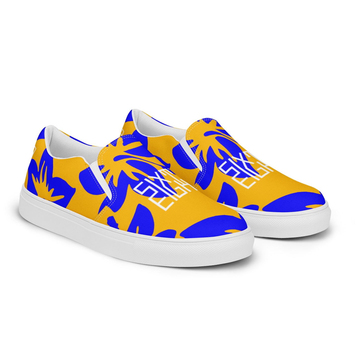 Sixty Eight 93 Logo White Hibiscus Blue & Orange Men's Slip On Shoes
