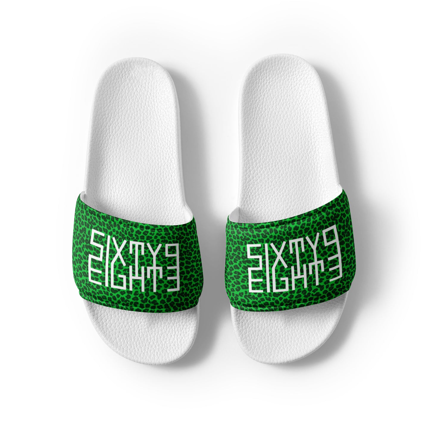 Sixty Eight 93 Logo White Cheetah Lime Green Women's Slides