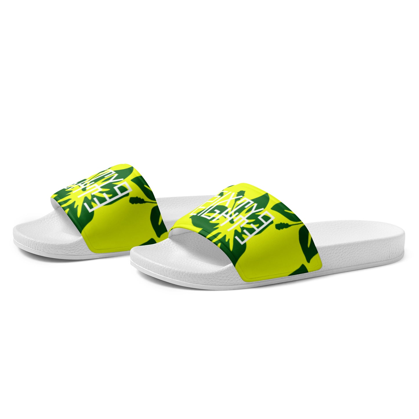 Sixty Eight 93 Logo White Hibiscus Forest Green & Yellow Women's Slides