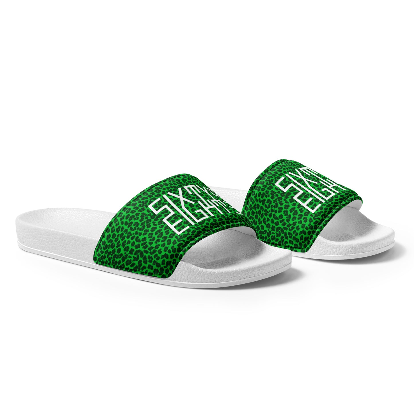 Sixty Eight 93 Logo White Cheetah Lime Green Women's Slides