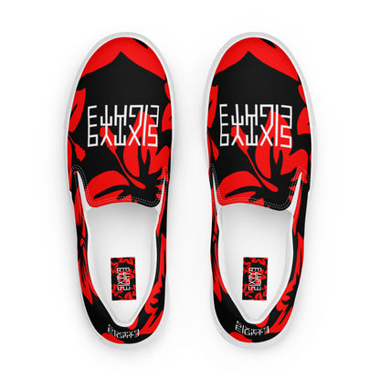 Sixty Eight 93 Logo White Hibiscus Red & Black Women's Slip On Shoes