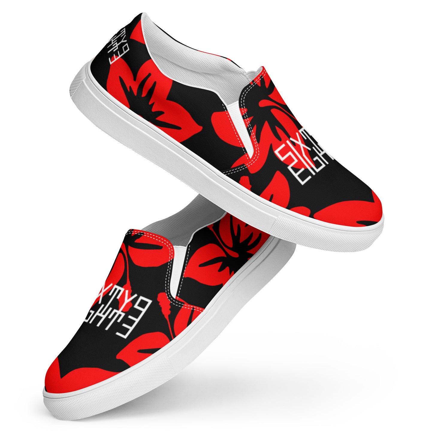 Sixty Eight 93 Logo White Hibiscus Red & Black Women's Slip On Shoes