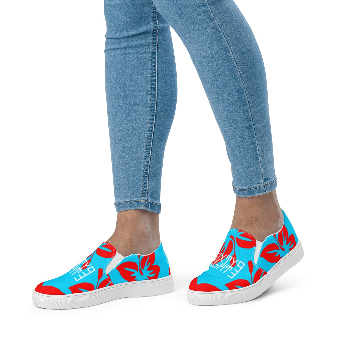 Sixty Eight 93 Logo White Hibiscus Red & Aqua Blue Women's Slip On Shoes