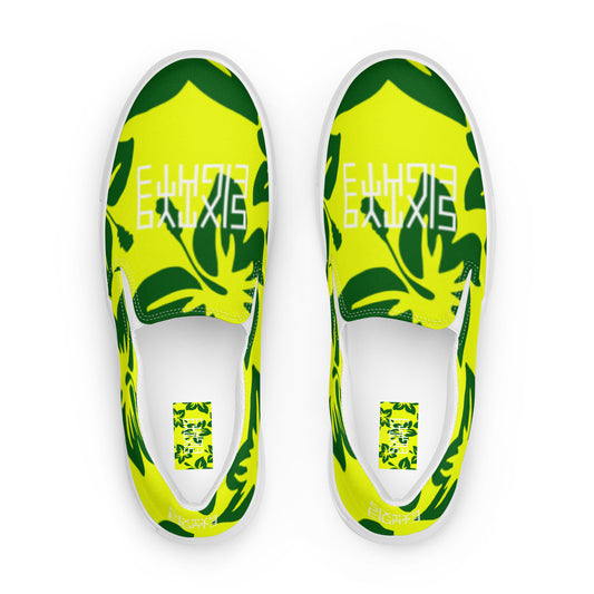 Sixty Eight 93 Logo White Hibiscus Forest Green & Yellow Women's Slip On Shoes