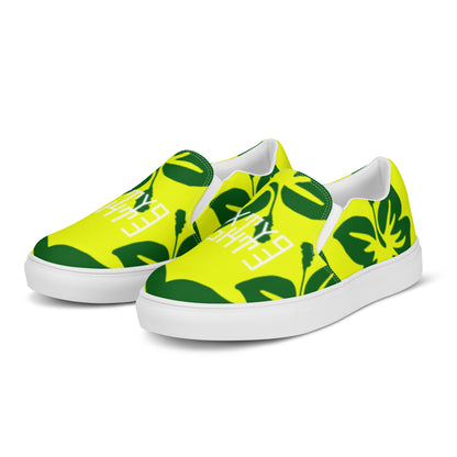 Sixty Eight 93 Logo White Hibiscus Forest Green & Yellow Women's Slip On Shoes