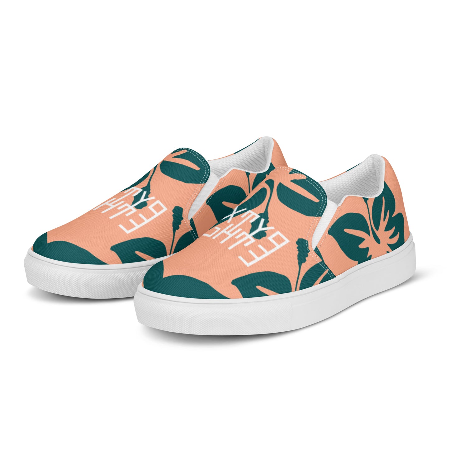 Sixty Eight 93 Logo White Hibiscus Dark Teal Peach Women's Slip On Shoes
